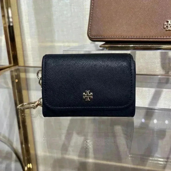 Tory Burch Saffiano Leather Card Case Key Ring Coin Pouc 157146-1123 BLACK - Picture 1 of 8